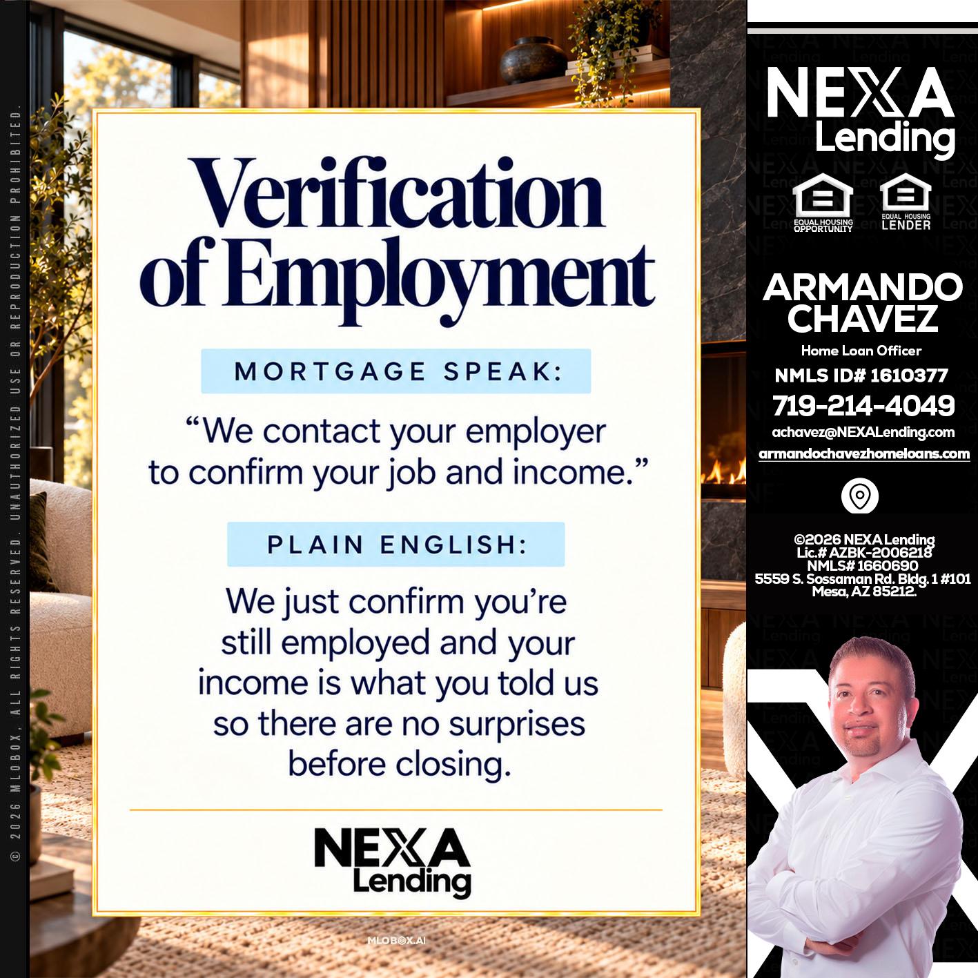 VERIFICATION OF EMPLOYMENT - Armando Chavez -Home Loan Officer